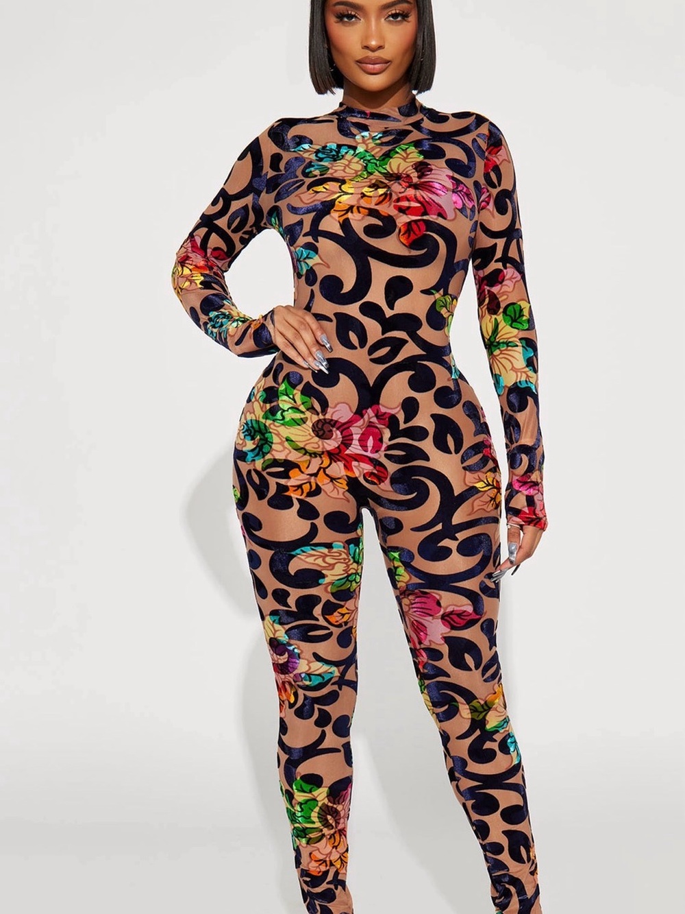 Fashion Nova Beige Floral & Swirl Print Jumpsuit